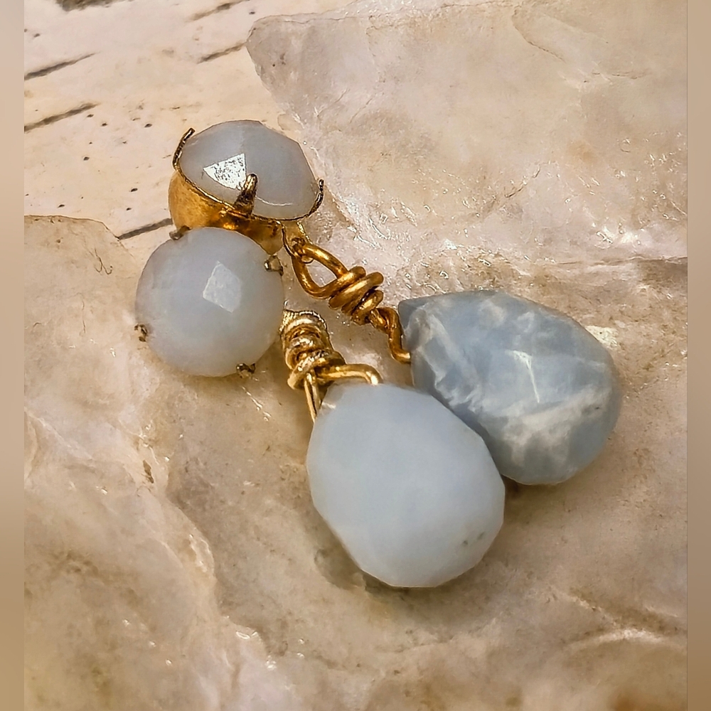 Natural Blue Peruvian Amazonite In Two Settings Gold Plated Mystical Earrings - Picture 3 of 8